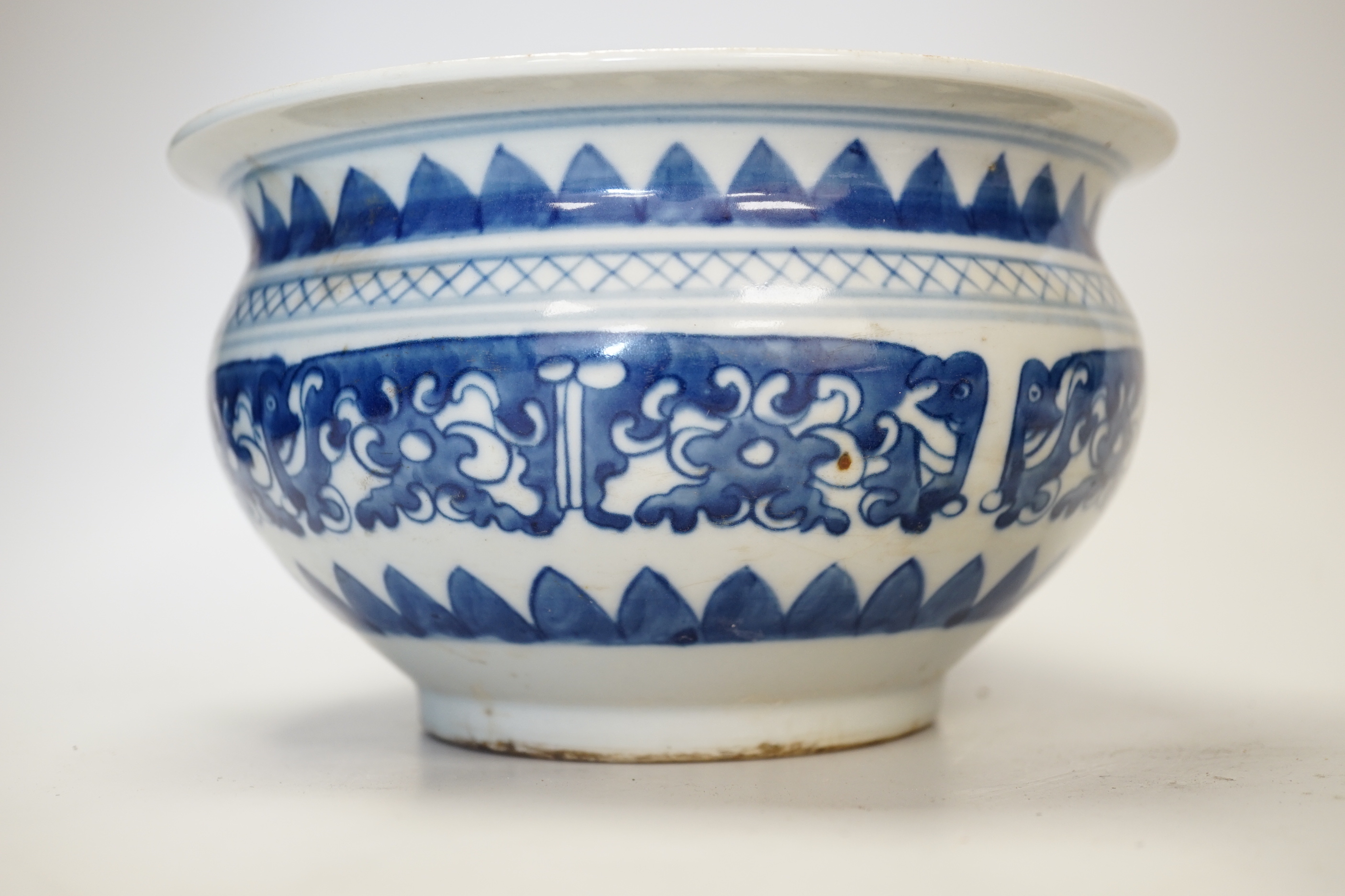 A Chinese blue and white bowl and flambe vase with four character mark to base. Vase 20cm wide